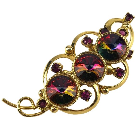 Vintage Unmarked Gold Tone Brooch with Watermelon Rivoli Rhinestones - Picture 1 of 3